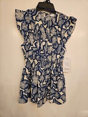 NWT Time and Tru Top Womens XS 0-2 Floral Blue Glory Flutter Sleeve Smocked